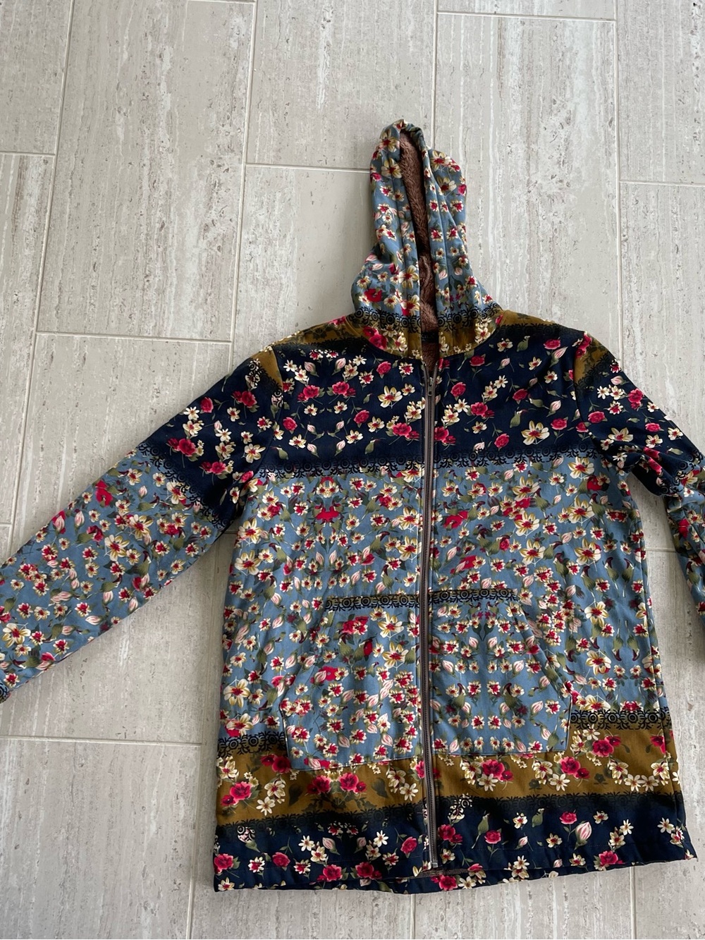 Gracila Women's Floral Zip Up Hoodie Jacket 4XL Faux Fur Lined Cotton Coat Boho